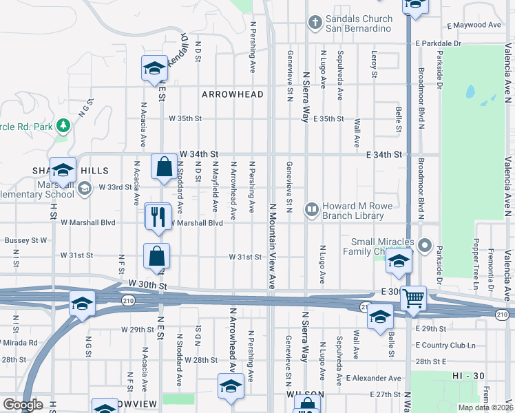 map of restaurants, bars, coffee shops, grocery stores, and more near 3255 North Pershing Avenue in San Bernardino