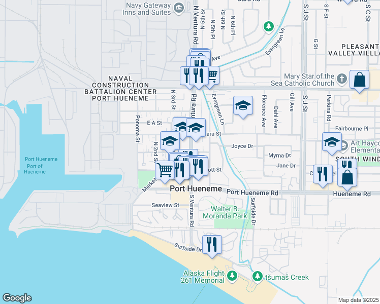 map of restaurants, bars, coffee shops, grocery stores, and more near North Ventura Road & East Pearl Street in Port Hueneme