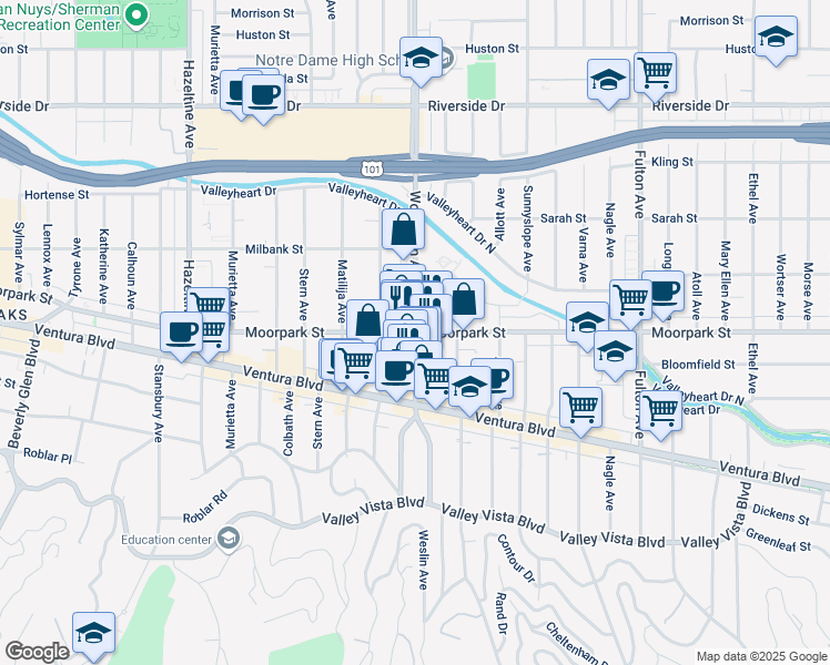 map of restaurants, bars, coffee shops, grocery stores, and more near Woodman Ave & Moorpark St in Los Angeles