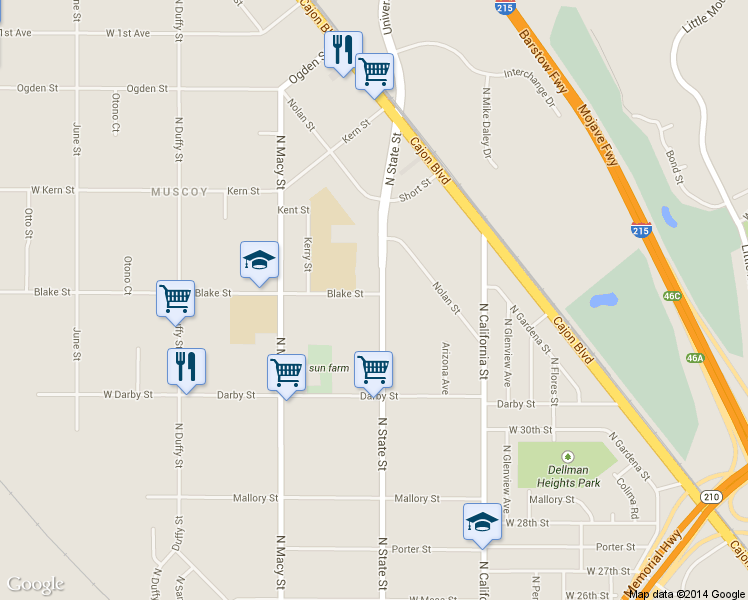map of restaurants, bars, coffee shops, grocery stores, and more near 2992 North State Street in Muscoy