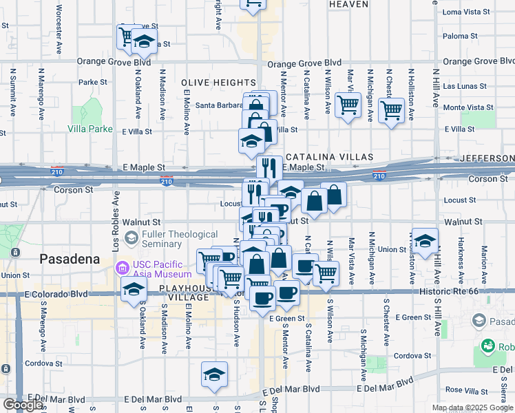 map of restaurants, bars, coffee shops, grocery stores, and more near 253 North Lake Avenue in Pasadena