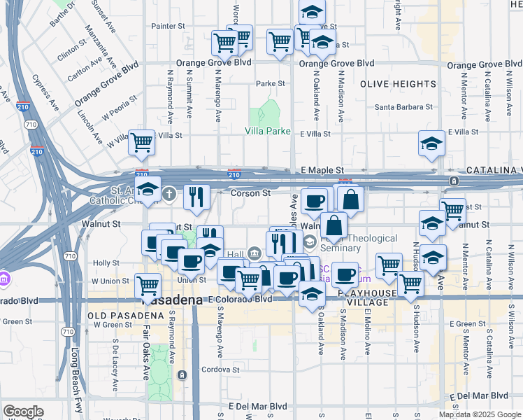 map of restaurants, bars, coffee shops, grocery stores, and more near 259 North Euclid Avenue in Pasadena
