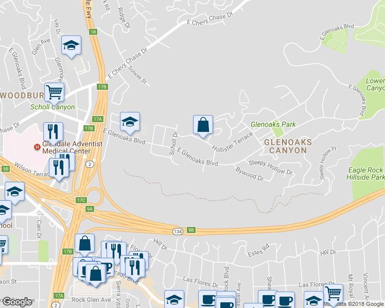 map of restaurants, bars, coffee shops, grocery stores, and more near 2241 East Glenoaks Boulevard in Glendale