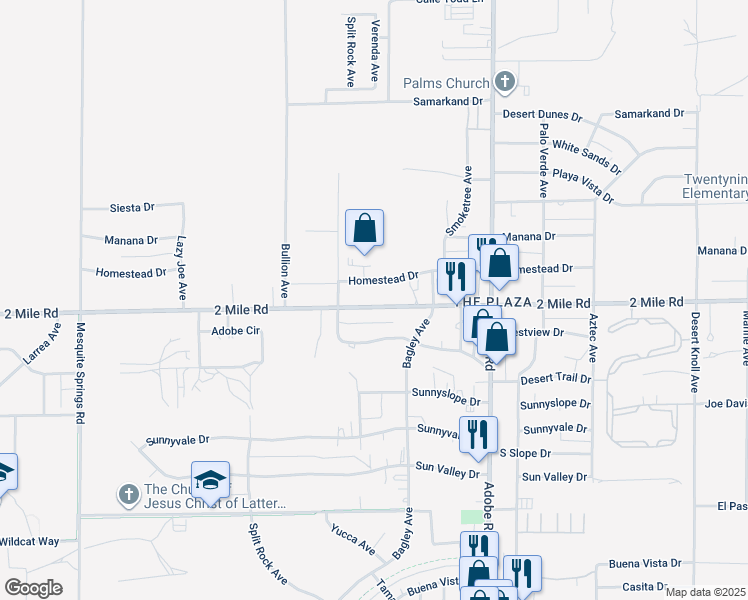 map of restaurants, bars, coffee shops, grocery stores, and more near 73432 2 Mile Road in Twentynine Palms