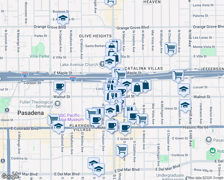 map of restaurants, bars, coffee shops, grocery stores, and more near 253 North Lake Avenue in Pasadena