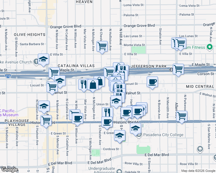 map of restaurants, bars, coffee shops, grocery stores, and more near 259 North Holliston Avenue in Pasadena