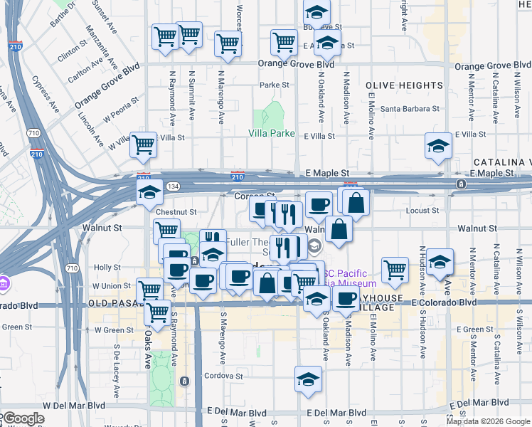 map of restaurants, bars, coffee shops, grocery stores, and more near 259 North Euclid Avenue in Pasadena