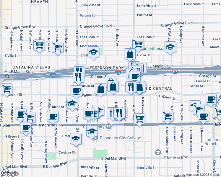 map of restaurants, bars, coffee shops, grocery stores, and more near 1672 Locust Street in Pasadena