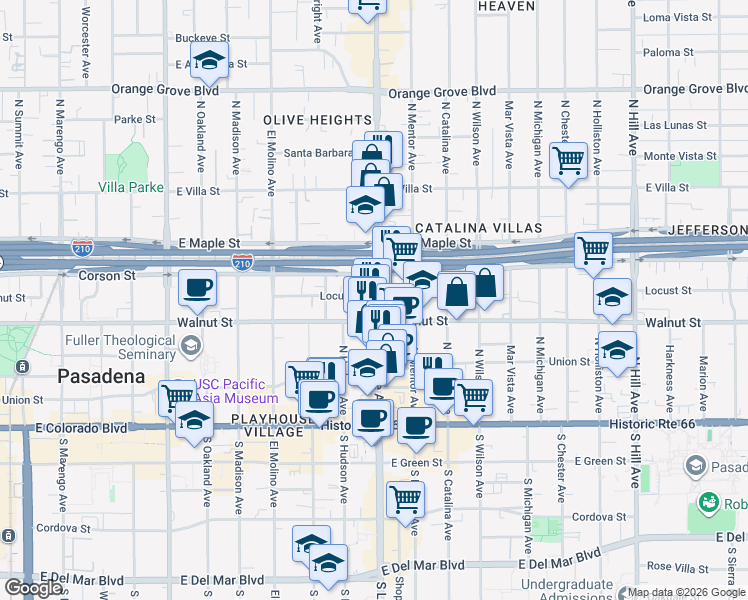 map of restaurants, bars, coffee shops, grocery stores, and more near 253 North Lake Avenue in Pasadena