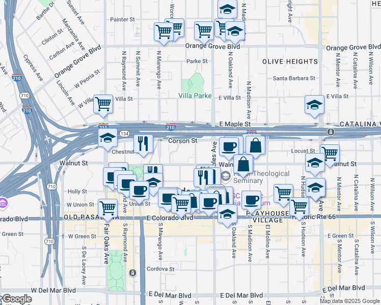map of restaurants, bars, coffee shops, grocery stores, and more near 267 North Euclid Avenue in Pasadena