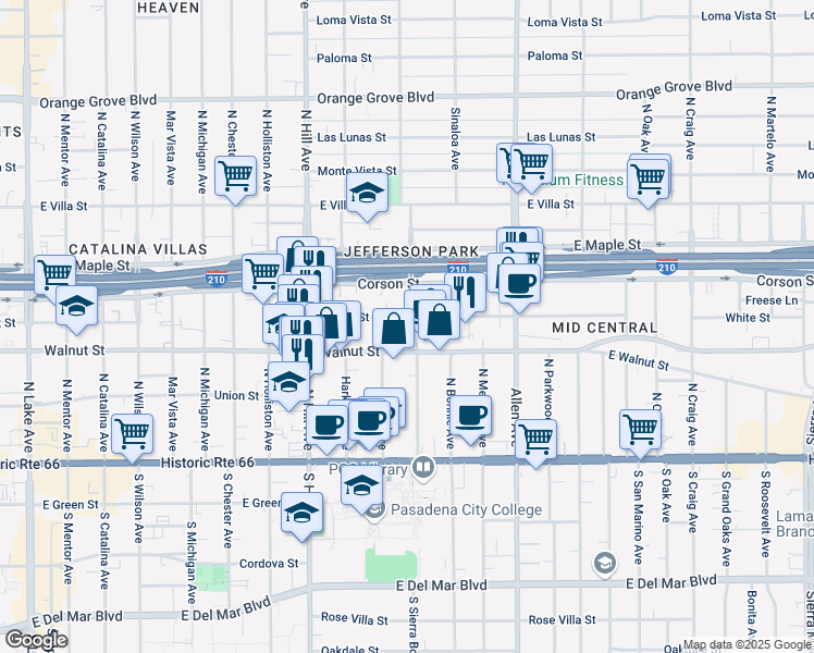map of restaurants, bars, coffee shops, grocery stores, and more near 255 North Sierra Bonita Avenue in Pasadena
