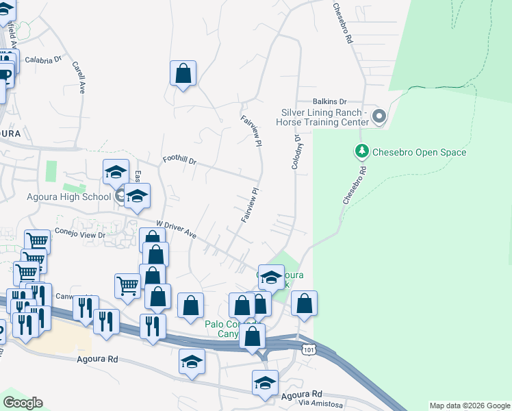 map of restaurants, bars, coffee shops, grocery stores, and more near 5524 Fairview Place in Agoura Hills