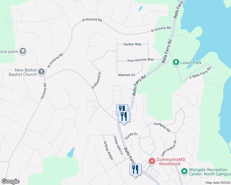 map of restaurants, bars, coffee shops, grocery stores, and more near 210 Ridge Valley Drive in Woodstock