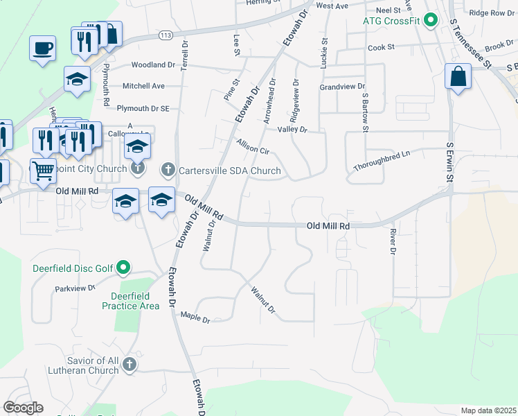 map of restaurants, bars, coffee shops, grocery stores, and more near 5 Brickshire Court in Cartersville