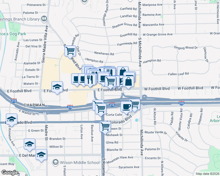 map of restaurants, bars, coffee shops, grocery stores, and more near 3741 East Foothill Boulevard in Pasadena