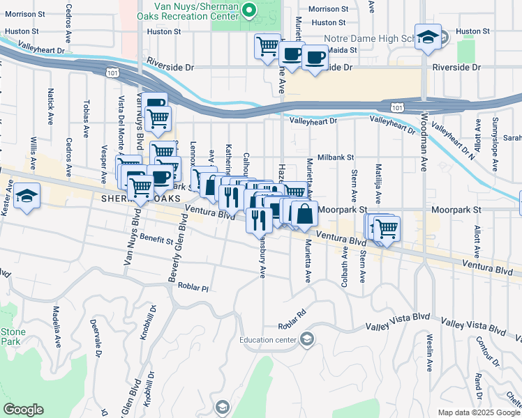 map of restaurants, bars, coffee shops, grocery stores, and more near 14140 Moorpark Street in Los Angeles