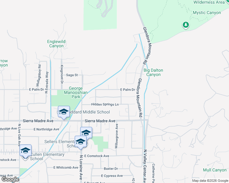 map of restaurants, bars, coffee shops, grocery stores, and more near 1272 East Palm Drive in Glendora