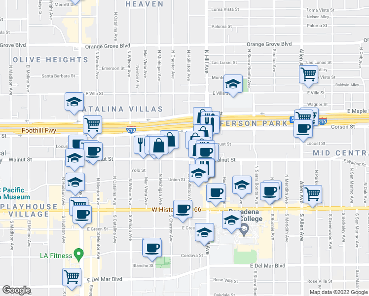 map of restaurants, bars, coffee shops, grocery stores, and more near 259 North Holliston Avenue in Pasadena