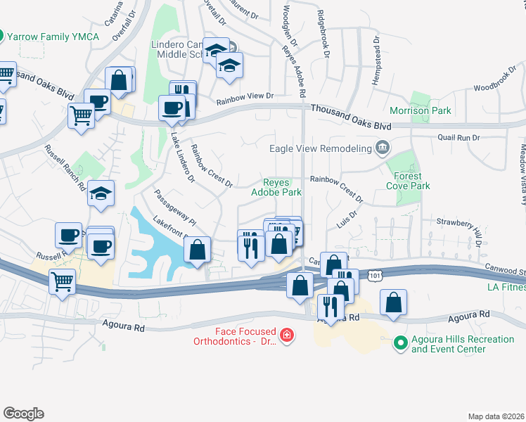map of restaurants, bars, coffee shops, grocery stores, and more near 30325 Eaglebrook Drive in Agoura Hills