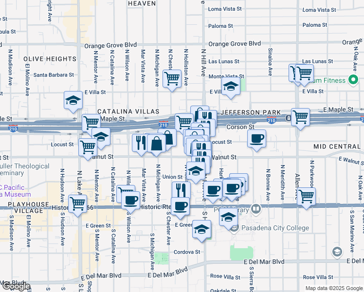 map of restaurants, bars, coffee shops, grocery stores, and more near 259 North Holliston Avenue in Pasadena