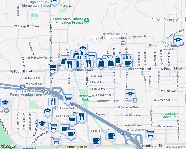 map of restaurants, bars, coffee shops, grocery stores, and more near 221 Laurel Avenue in Arcadia