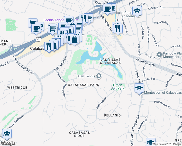 map of restaurants, bars, coffee shops, grocery stores, and more near 4370 Park Corona in Calabasas
