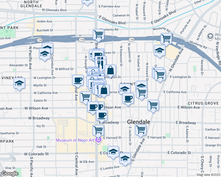 map of restaurants, bars, coffee shops, grocery stores, and more near 315 North Louise Street in Glendale