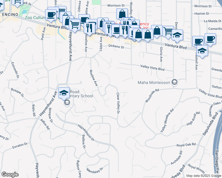 map of restaurants, bars, coffee shops, grocery stores, and more near 4367 Clear Valley Drive in Los Angeles