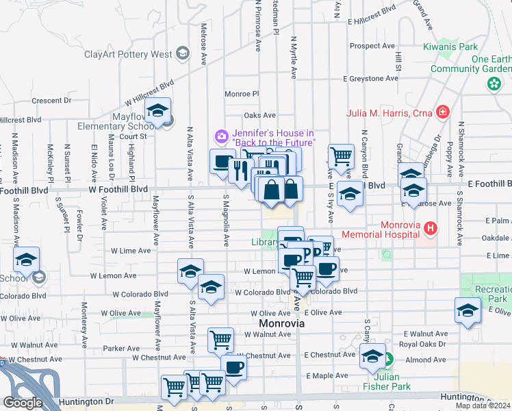 map of restaurants, bars, coffee shops, grocery stores, and more near 211 Linwood Avenue in Monrovia