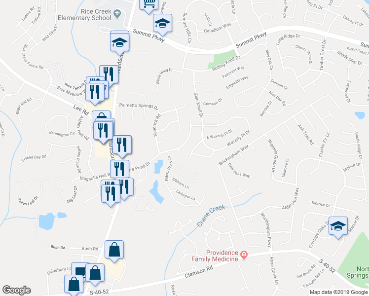 map of restaurants, bars, coffee shops, grocery stores, and more near 223 Elders Pond Drive in Columbia