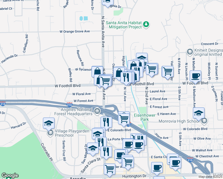 map of restaurants, bars, coffee shops, grocery stores, and more near 20 East Foothill Boulevard in Arcadia