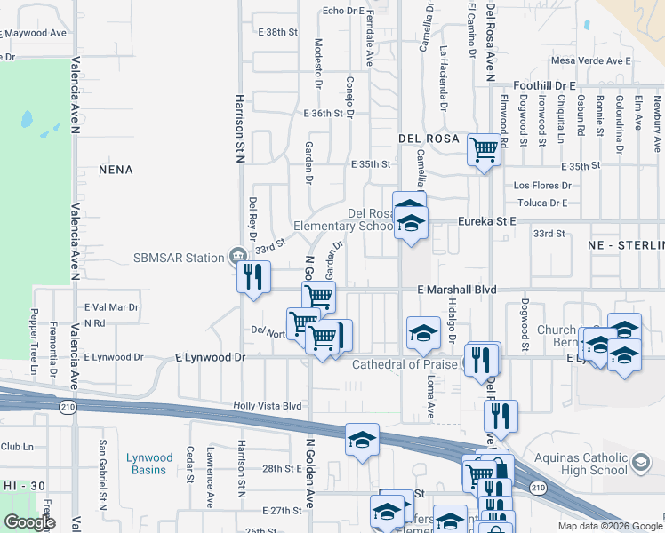 map of restaurants, bars, coffee shops, grocery stores, and more near 3233 Garden Drive in San Bernardino