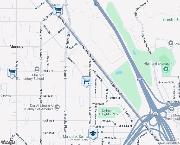 map of restaurants, bars, coffee shops, grocery stores, and more near 3196 North California Street in Muscoy