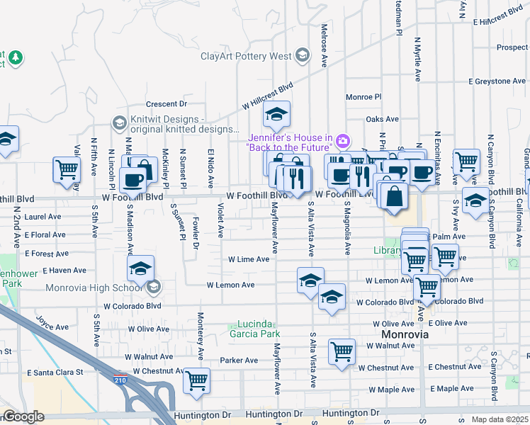 map of restaurants, bars, coffee shops, grocery stores, and more near 541 Linwood Avenue in Monrovia