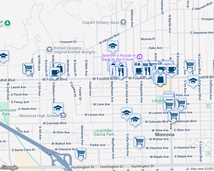 map of restaurants, bars, coffee shops, grocery stores, and more near 541 Linwood Avenue in Monrovia