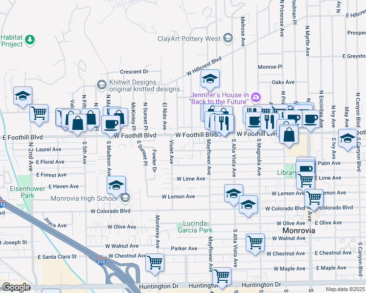 map of restaurants, bars, coffee shops, grocery stores, and more near 120 Violet Avenue in Monrovia