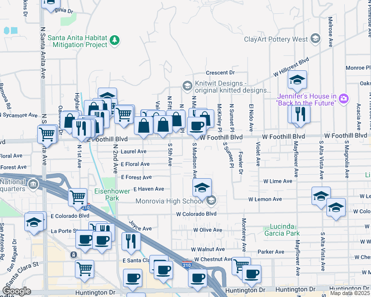 map of restaurants, bars, coffee shops, grocery stores, and more near 111 Peppertree Lane in Monrovia