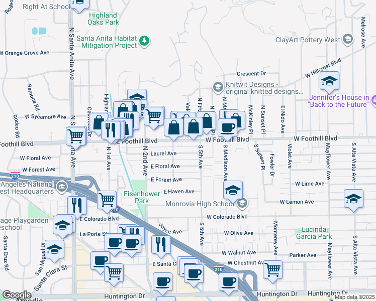 map of restaurants, bars, coffee shops, grocery stores, and more near 335 Laurel Avenue in Arcadia