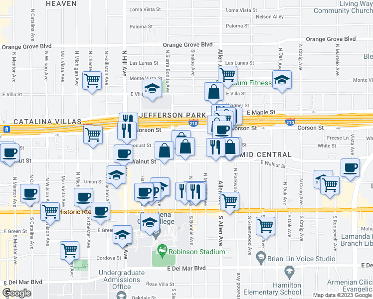 map of restaurants, bars, coffee shops, grocery stores, and more near 1672 Locust Street in Pasadena