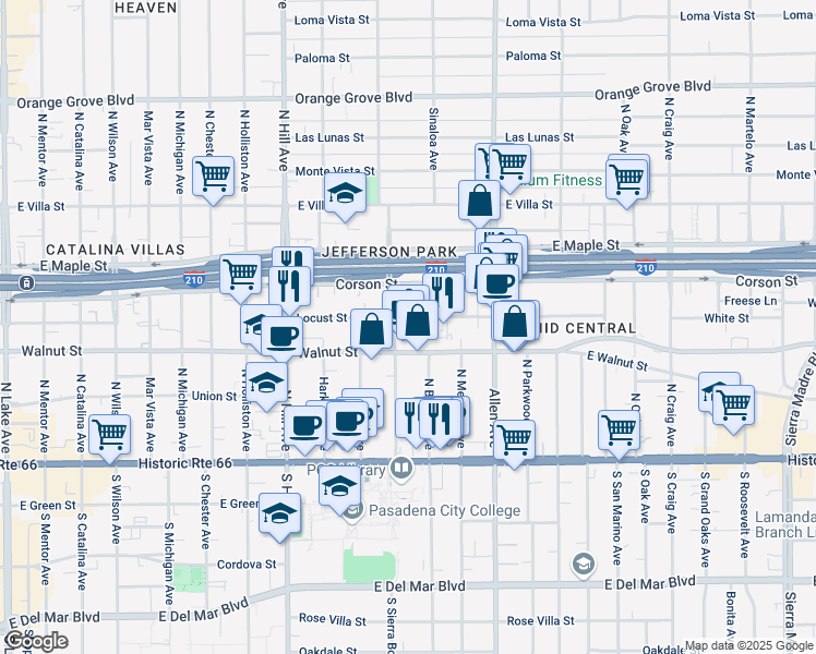 map of restaurants, bars, coffee shops, grocery stores, and more near 1672 Locust Street in Pasadena