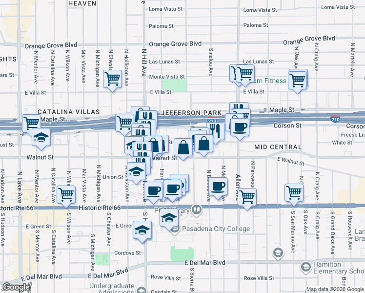 map of restaurants, bars, coffee shops, grocery stores, and more near 1596 Locust Street in Pasadena