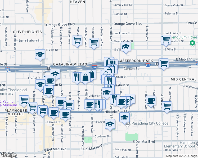 map of restaurants, bars, coffee shops, grocery stores, and more near 259 North Holliston Avenue in Pasadena