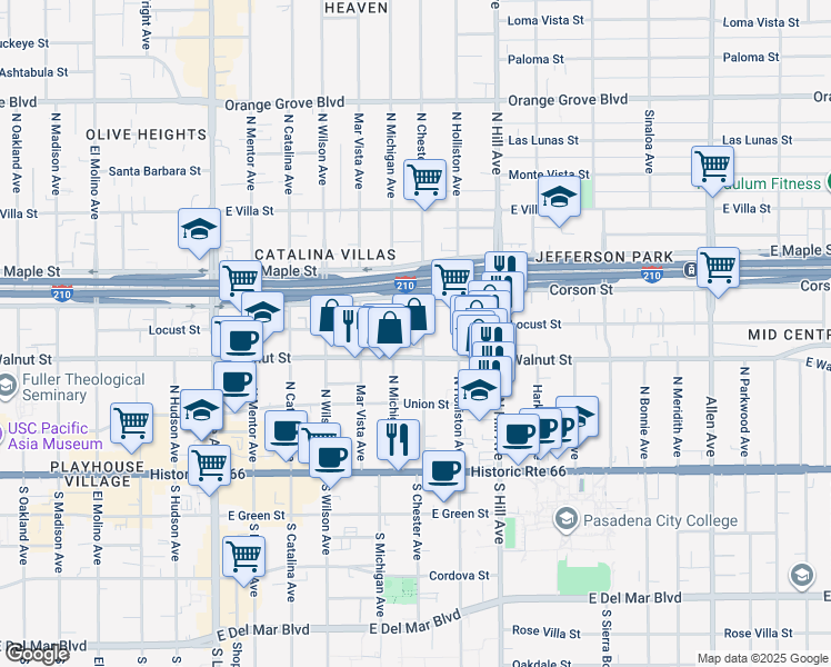 map of restaurants, bars, coffee shops, grocery stores, and more near 256 North Michigan Avenue in Pasadena