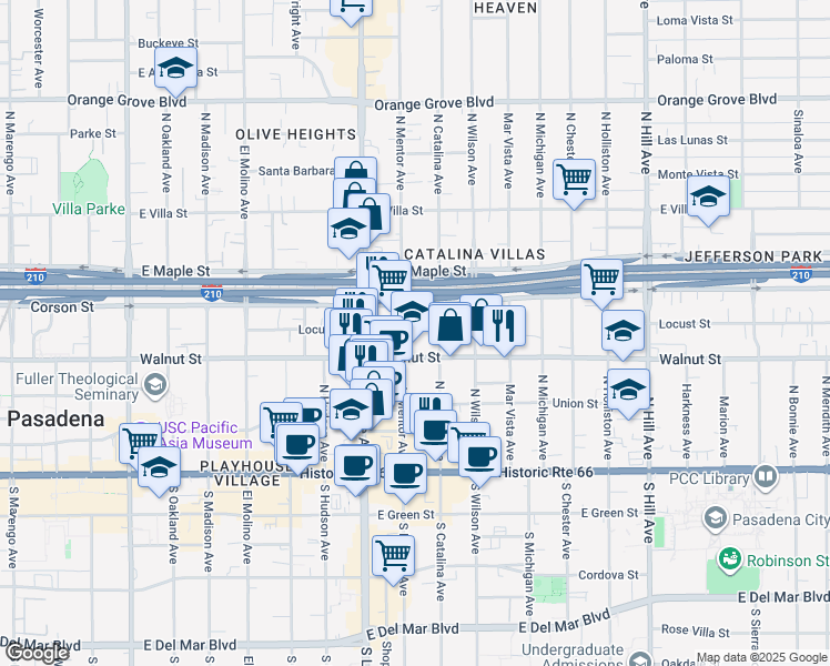 map of restaurants, bars, coffee shops, grocery stores, and more near 955 Locust Street in Pasadena