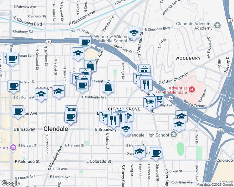 map of restaurants, bars, coffee shops, grocery stores, and more near 1131 East California Avenue in Glendale