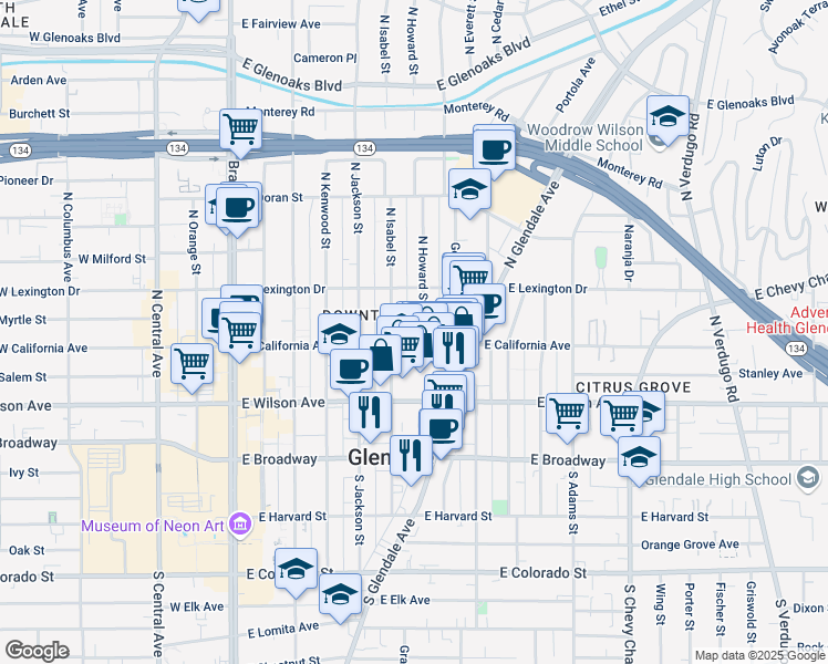 map of restaurants, bars, coffee shops, grocery stores, and more near 315 North Howard Street in Glendale