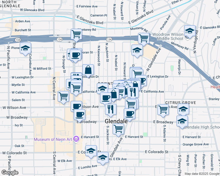 map of restaurants, bars, coffee shops, grocery stores, and more near in Glendale