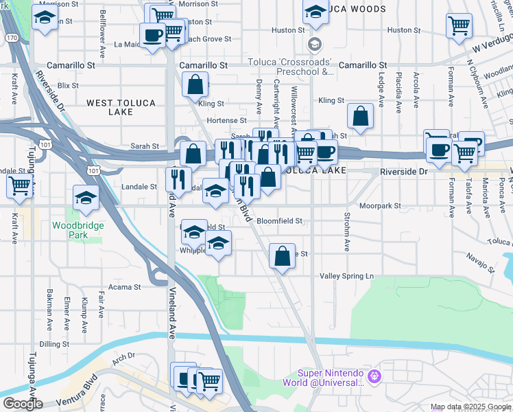 map of restaurants, bars, coffee shops, grocery stores, and more near 10740 Moorpark Street in Los Angeles