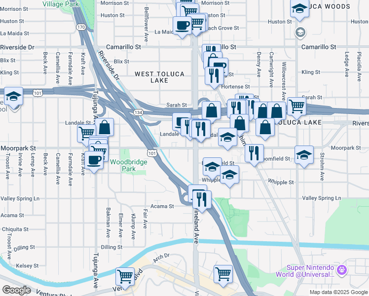 map of restaurants, bars, coffee shops, grocery stores, and more near 4404 Ensign Avenue in Los Angeles