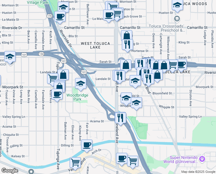 map of restaurants, bars, coffee shops, grocery stores, and more near 4404 Ensign Avenue in Los Angeles